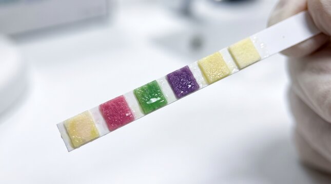 Close up of medical urine test strip with reagent pads held by gloved hand in lab.