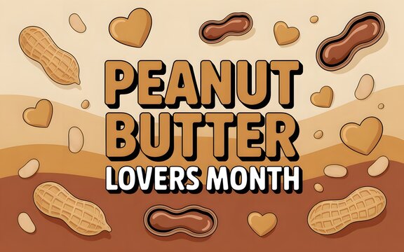 Peanut butter lovers month with peanuts and heart shapes on a brown background hearts