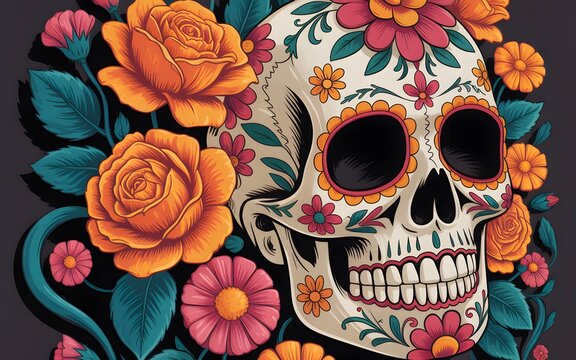 Sugar skull surrounded by vibrant orange roses and pink flowers on a dark gray background
