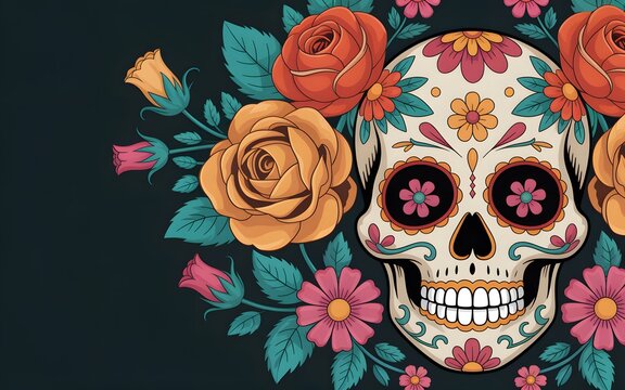Sugar skull with orange roses and pink flowers on a dark background, for festive decoration