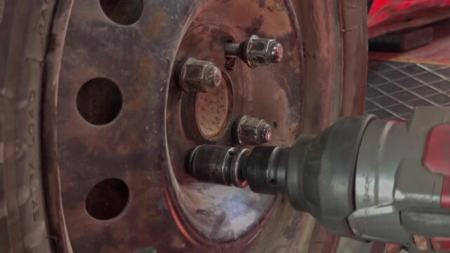 A mechanic uses a pneumatic impact wrench to loosen a lug nut on a rusty steel wheel in an auto shop