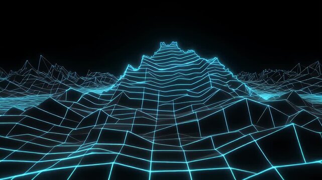 A neon blue wireframe landscape of mountains under a black sky.