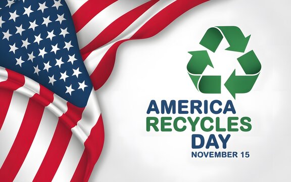 Waving american flag next to a green recycling symbol for america recycles day in november