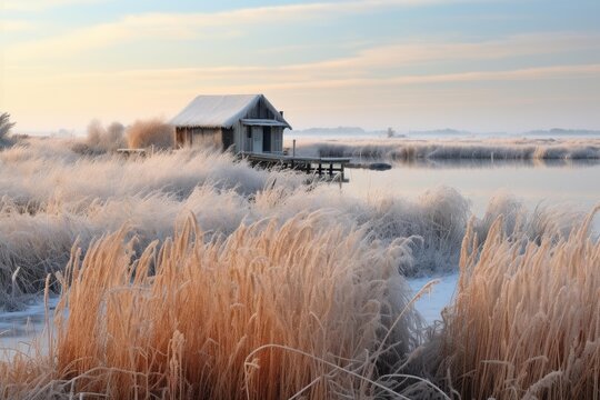 Old cabin standing by a reflective lake amidst frosted reeds during a chilly winter morning