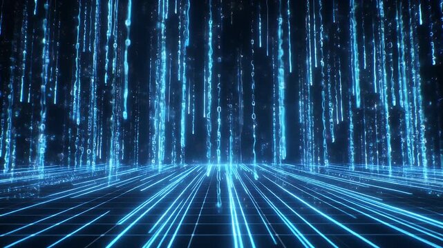Digital rain cascades onto a glowing grid in a futuristic cyberspace environment.