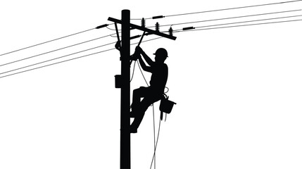 Fototapeta premium Black silhouette of an electric utility lineman climbing a wooden power pole to perform maintenance and repair work on overhead electrical transmission lines and cables