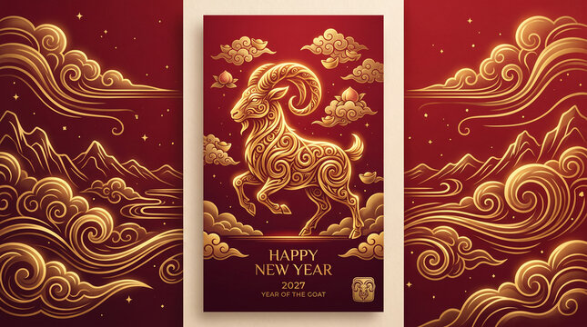 Chinese New Year 2027 Year of the Goat Gold Red Greeting Card with Traditional Asian Clouds 