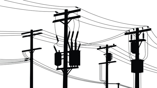 Black silhouettes of multiple wooden utility poles with electrical transformers and complex power lines connected, isolated on a plain white background