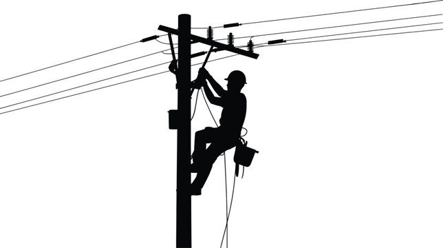 Black silhouette of an electric utility lineman climbing a wooden power pole to perform maintenance and repair work on overhead electrical transmission lines and cables