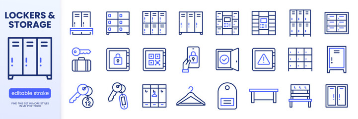 Fototapeta premium Locker room line icons set. Parcel delivery storage, automated postamat terminal, smart QR code lock, key flat minimal vector illustration. Simple outline signs. Blue duotone color. Editable Stroke