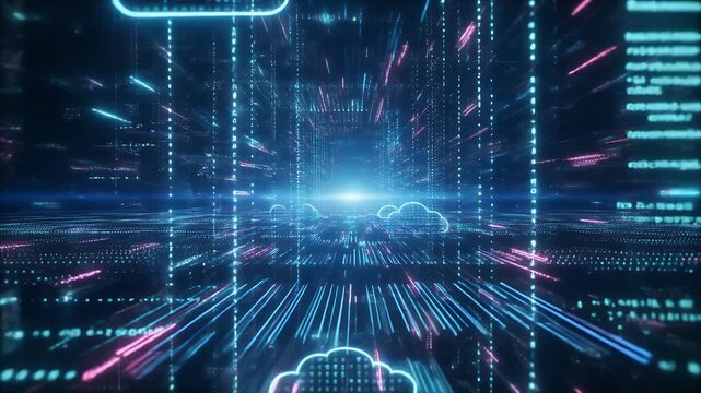 Digital clouds float through a futuristic data stream.
