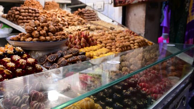 Marrakech, morocco. August 8, 2026. Colorful assortment of traditional moroccan pastries and sweets displayed in a glass case at a vibrant street market stall in the marrakech medina