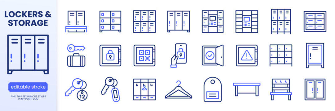 Locker room line icons set. Parcel delivery storage, automated postamat terminal, smart QR code lock, key flat minimal vector illustration. Simple outline signs. Blue duotone color. Editable Stroke