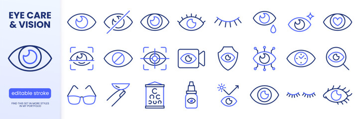 Naklejka premium Eye, vision line icons set. Visible password, biometric scan, ophthalmology contact lens, eyeglasses, cry flat minimal vector illustration. Simple outline signs. Blue duotone color. Editable Stroke.