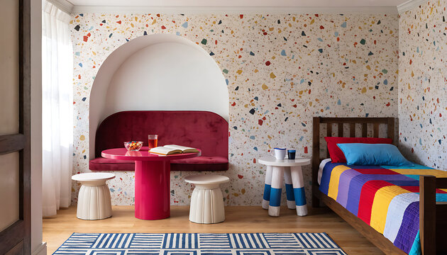 Kids bedroom interior with colorful terrazzo pattern wall and arched nook children interior.