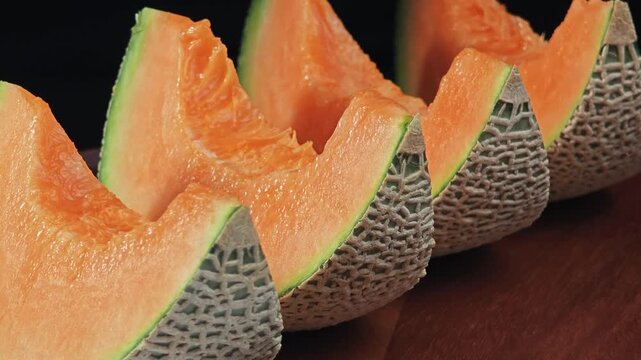 Sliced melon on black background. Panning shot.