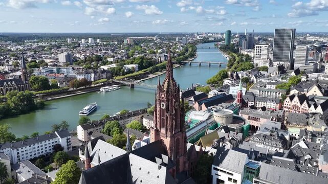 Frankfurt Cathedral In Hesse Germany. Downtown District. Meno River. Vacations Travel. Frankfurt Cathedral In Frankfurt Am Main In Hesse Germany. Beautiful Church. European Skyline.