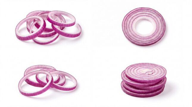 Fresh red onion slices arranged in different groups