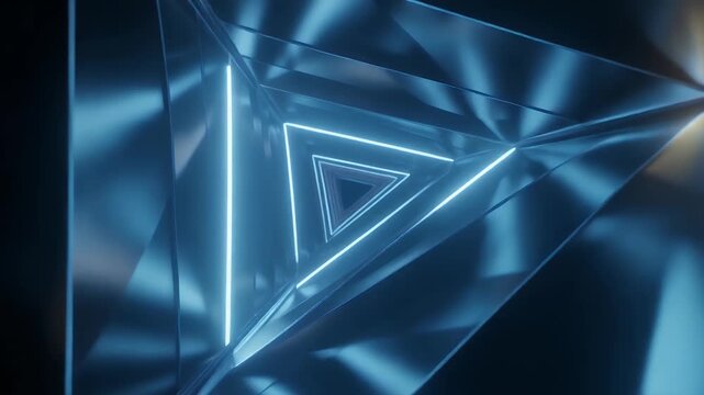 Abstract futuristic triangular tunnel with glowing blue neon lights.