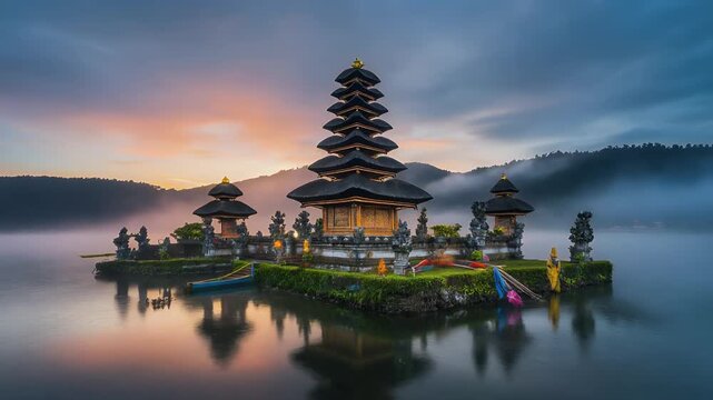 Pura Ulun Danu Bratan Temple on Lake Beratan at Sunrise
