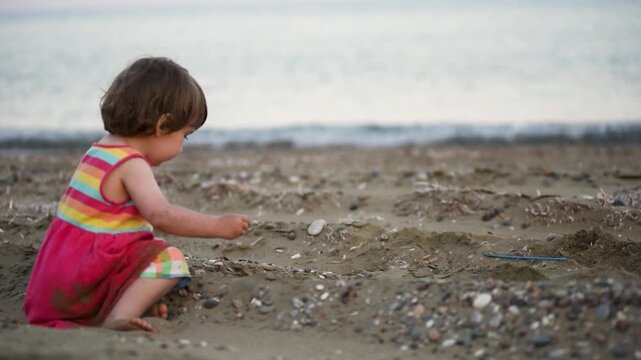 Adorable toddler baby playing on a beach with sand 