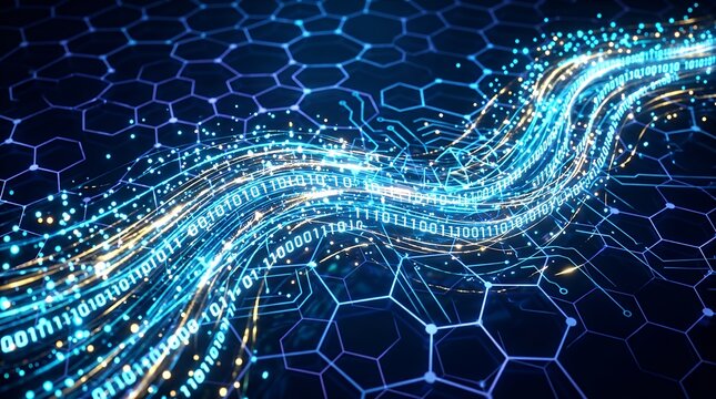 Cybernetic Data Flow with Luminous Particles Over Hexagonal Lattice and Binary Stream technology abstract blue background data center artificial intelligence binary code hexagon grid particles wave