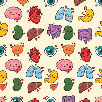 Kawaii Human Internal Organs Seamless Pattern with Cute Faces and Hearts