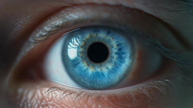 Extreme close-up of a bright blue human eye with intricate iris details.