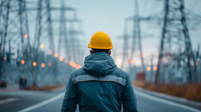 Engineer in yellow helmet standing on center of photo with background of heavy machinery in factory