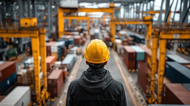Engineer in yellow helmet standing on center of photo with background of heavy machinery in factory