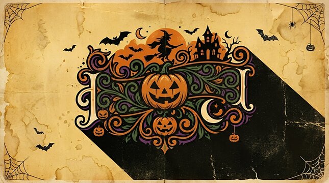 Retro Styled Halloween Spooky Text Word Design with Long Shadow on Aged Paper Surface text halloween spooky word typography vintage retro paper yellow shadow dark style lettering design concept sign