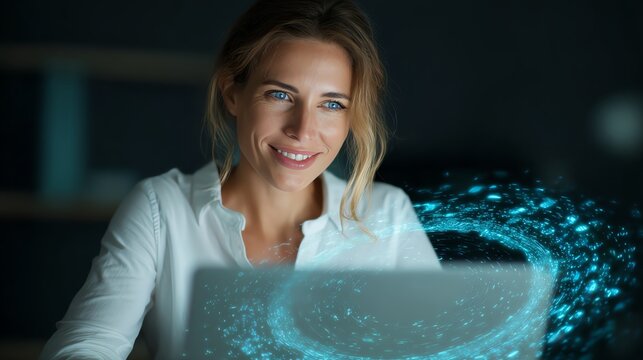 Smile woman on a laptop with holographic legal document review systems