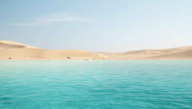 Turquoise water oasis surrounded by vast sand dunes under a clear blue sky