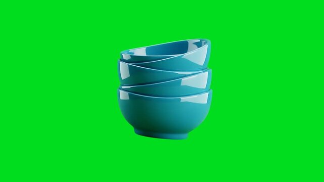 A stack of three vibrant teal ceramic bowls isolated on a green background