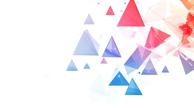 Abstract composition of floating colorful geometric triangles with wireframe connections on a clean white background