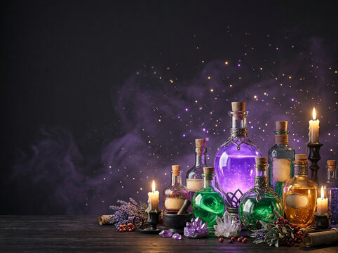 Mystical collection of glowing magic potion bottles with smoke and candles on a dark background for halloween