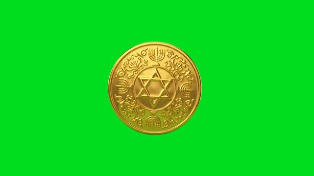 A golden coin featuring the star of david and menorah on green background