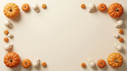 Fototapeta premium Autumn frame of colorful pumpkins and gourds on a neutral background for fall design