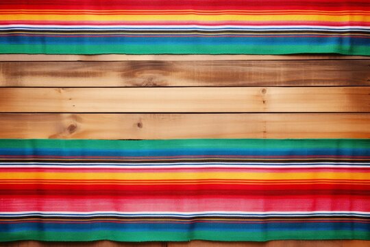 Vibrant traditional mexican serape textile with colorful stripes spread across weathered wooden planks