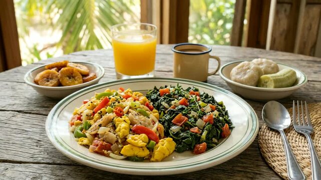 jamaican national breakfast ackee saltfish and callaloo food close up video