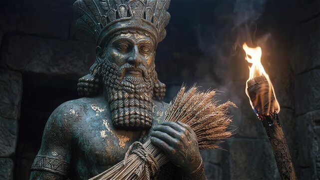 Ancient Pagan Idol Statue Illuminated by Temple Firelight