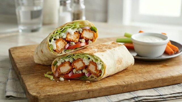 homemade buffalo chicken sandwich wrap golden tortilla close view food styling video