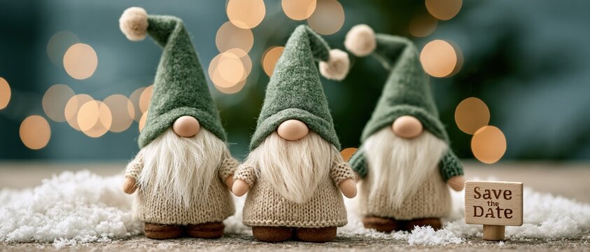Whimsical trio of Scandinavian gnome figurines with green felt hats announce a festive event. Perfect for holiday party invitations, seasonal greeting cards, and winter event marketing.