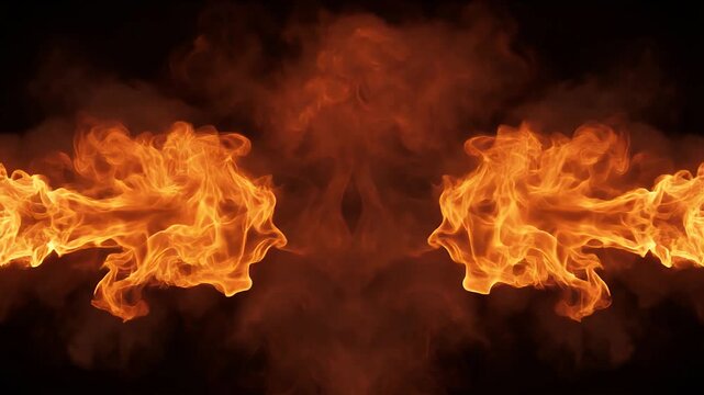 Two symmetrical bursts of orange flame against a black background.