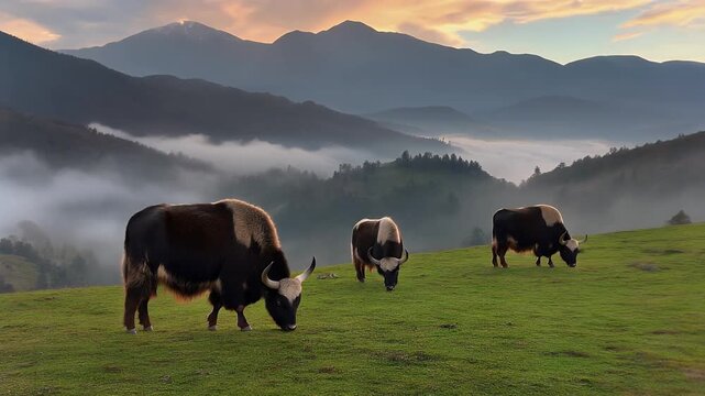 Three yaks graze peacefully on a misty mountain meadow at sunrise.