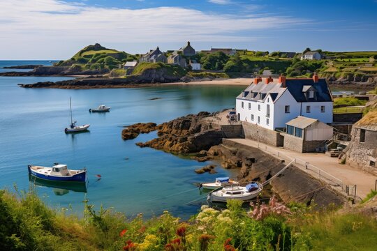 Cemaes bay village and historic harbor featuring moored boats and white buildings on a sunny summer day