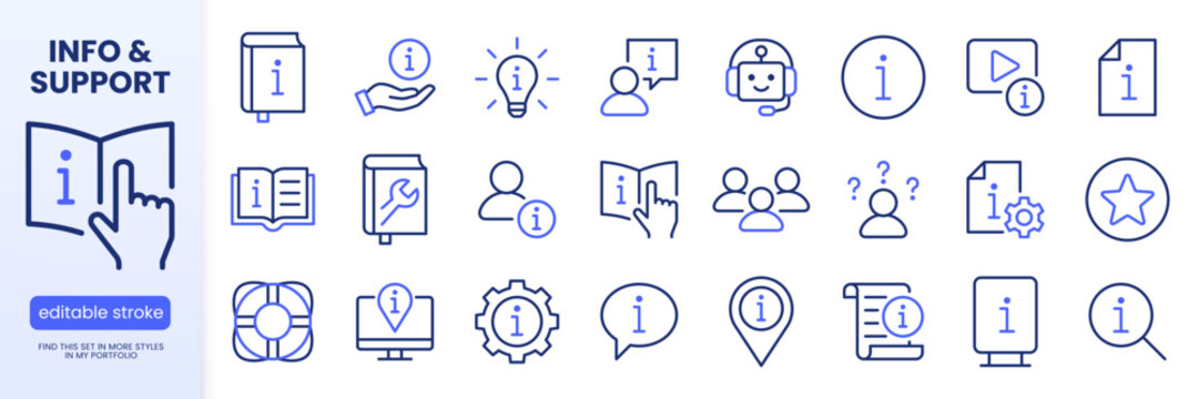 Info customer support line icons set. AI chatbot, tutorial, troubleshooting manual, FAQ, rescue lifebuoy flat minimal vector illustrations. Simple outline signs. Blue duotone color. Editable Stroke.