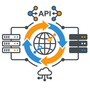 A graphic illustration representing API integration connecting servers and cloud networks.