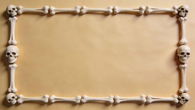 A rectangular frame made of human bones and skulls on an orange background