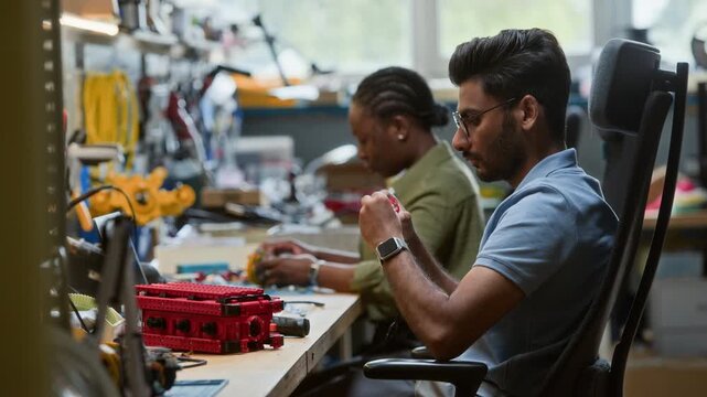 Young adult Indian man with glasses assembling robotic components at workshop table with Black woman working in background. Video is suitable for promoting STEM education and tech careers